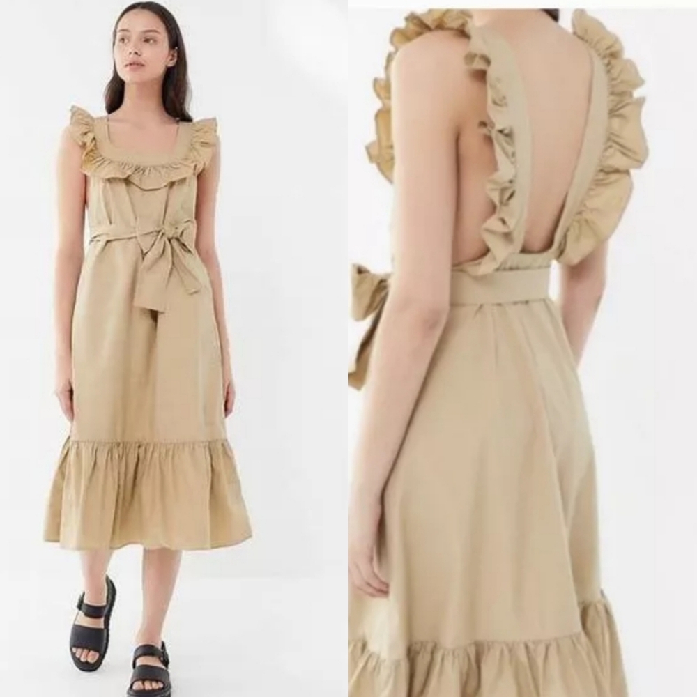Urban Outfitters UO Tan Ruffle Midi Dress Size L NWOT Neutral Coquette Scandi